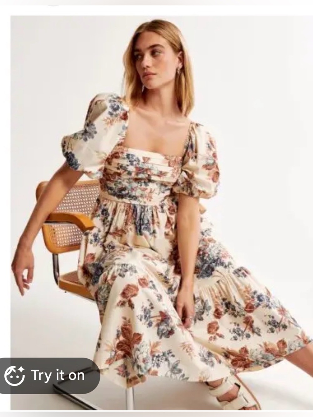 Abercrombie & Fitch Emerson Cream Midi Dress with Blue & Brown Floral Print